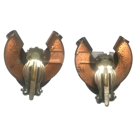 Vintage 1950s Modernist Renoir Copper Earrings Clip On MCM Insect Scroll Signed - Picture 7 of 8